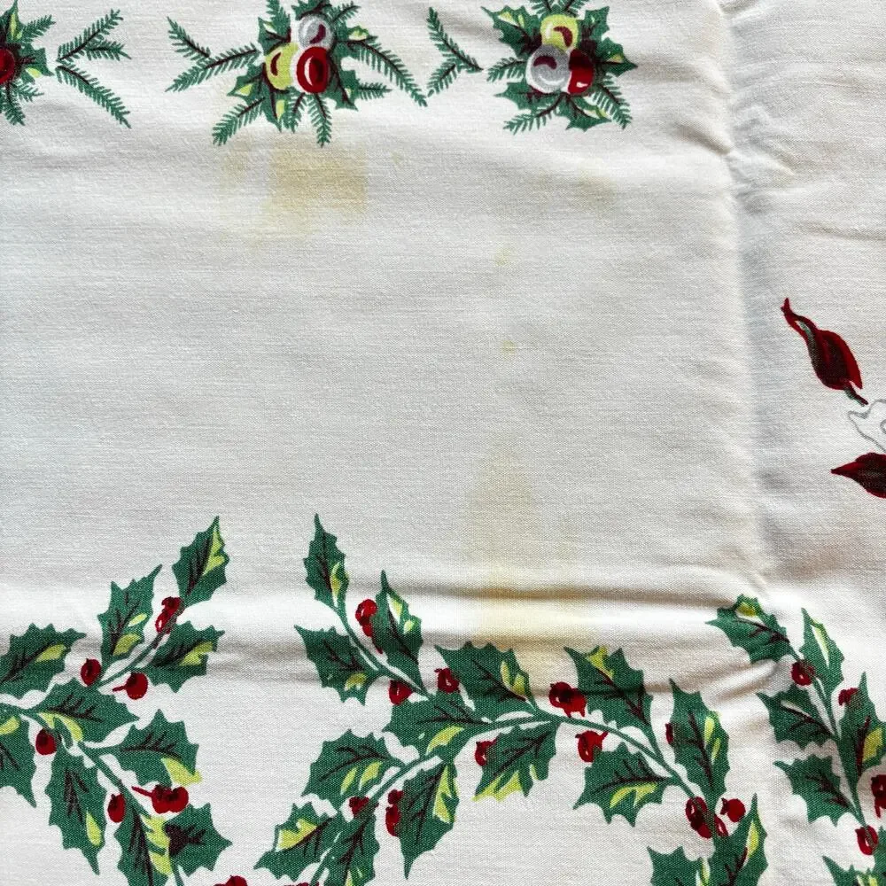 Vintage Christmas Tablecloth printed cotton white red poinsettias holly FLAWS